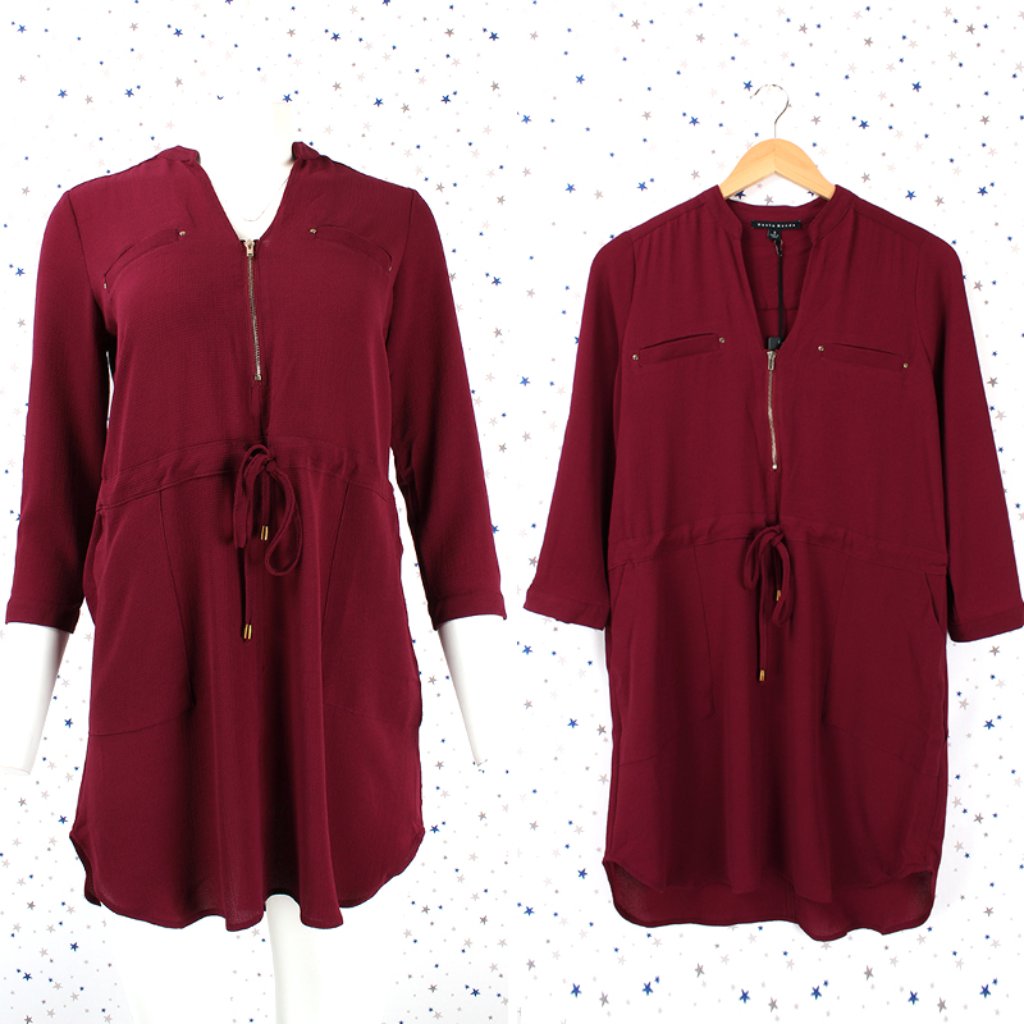 3/4 Sleeve Zipper Front Tunic Shirt Dress Burgundy